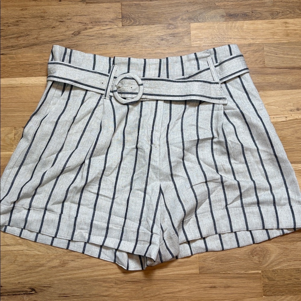 Worthington High Waist Cotton Linen Blend Belted Gray Striped Women's Shorts